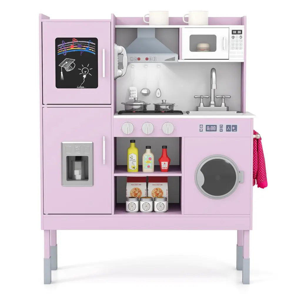 Pretend Play Kitchen Toy Kitchen Playset with Range Hood Ice Maker and Telephone-Pink - Pink - Play Kitchen Sets