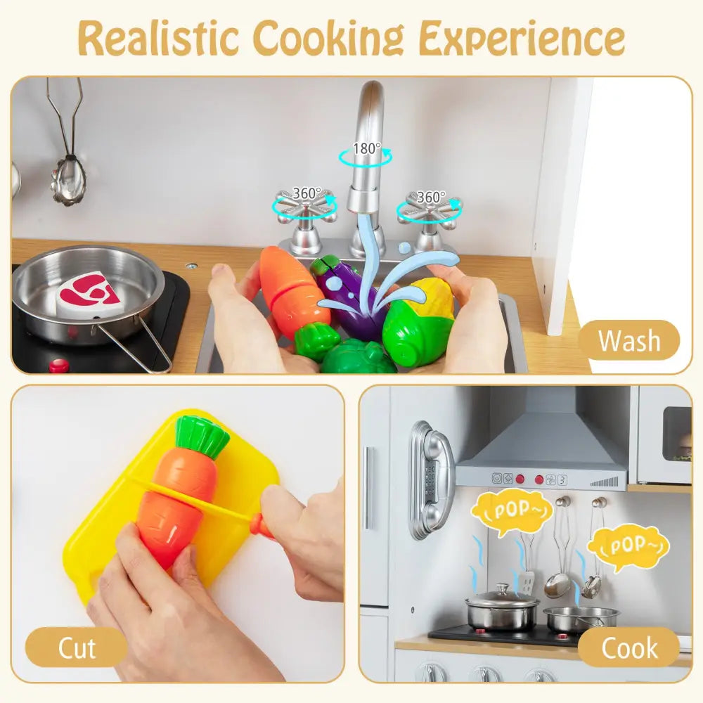 Pretend Play Kitchen Toy Kitchen Playset with Range Hood Ice Maker and Telephone-White - White - Play Kitchen Sets