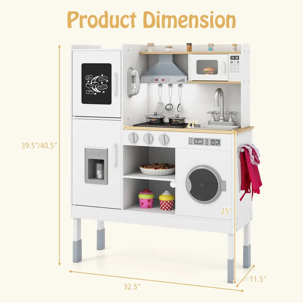 Pretend Play Kitchen Toy Kitchen Playset with Range Hood Ice Maker and Telephone-White - White - Play Kitchen Sets