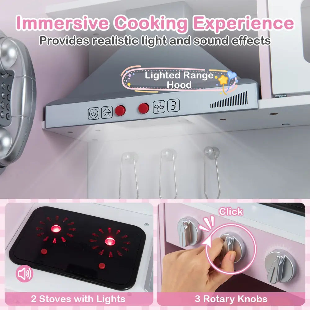 Pretend Play Kitchen Toy Kitchen Playset with Range Hood Ice Maker and Telephone-Pink - Pink - Play Kitchen Sets