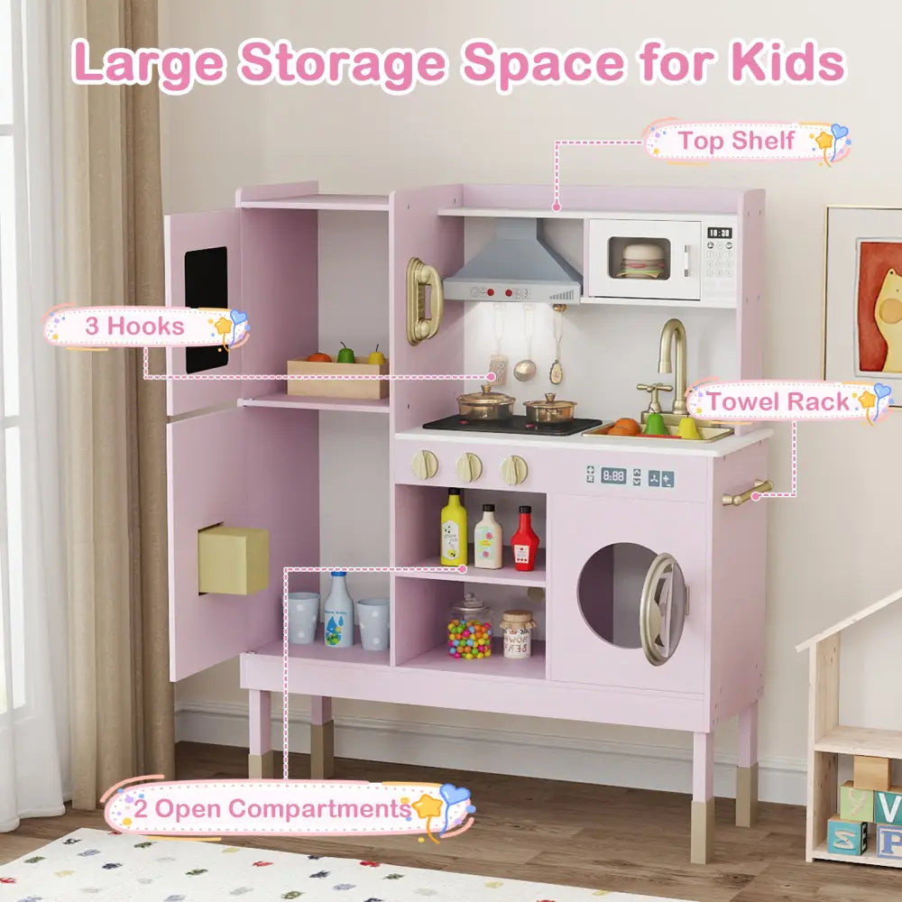 Pretend Play Kitchen Toy Kitchen Playset with Range Hood Ice Maker and Telephone-Light Pink - Light Pink - Play Kitchen