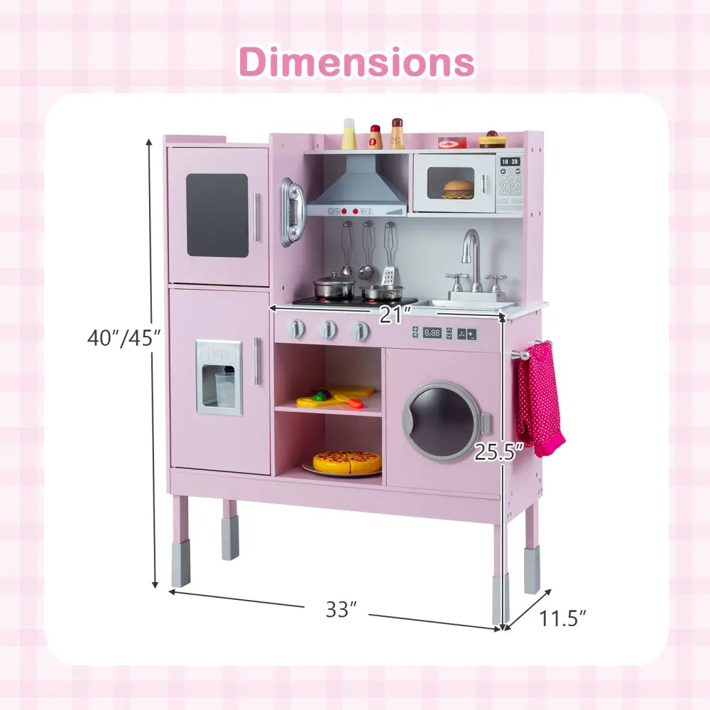 Pretend Play Kitchen Toy Kitchen Playset with Range Hood Ice Maker and Telephone-Pink - Pink - Play Kitchen Sets