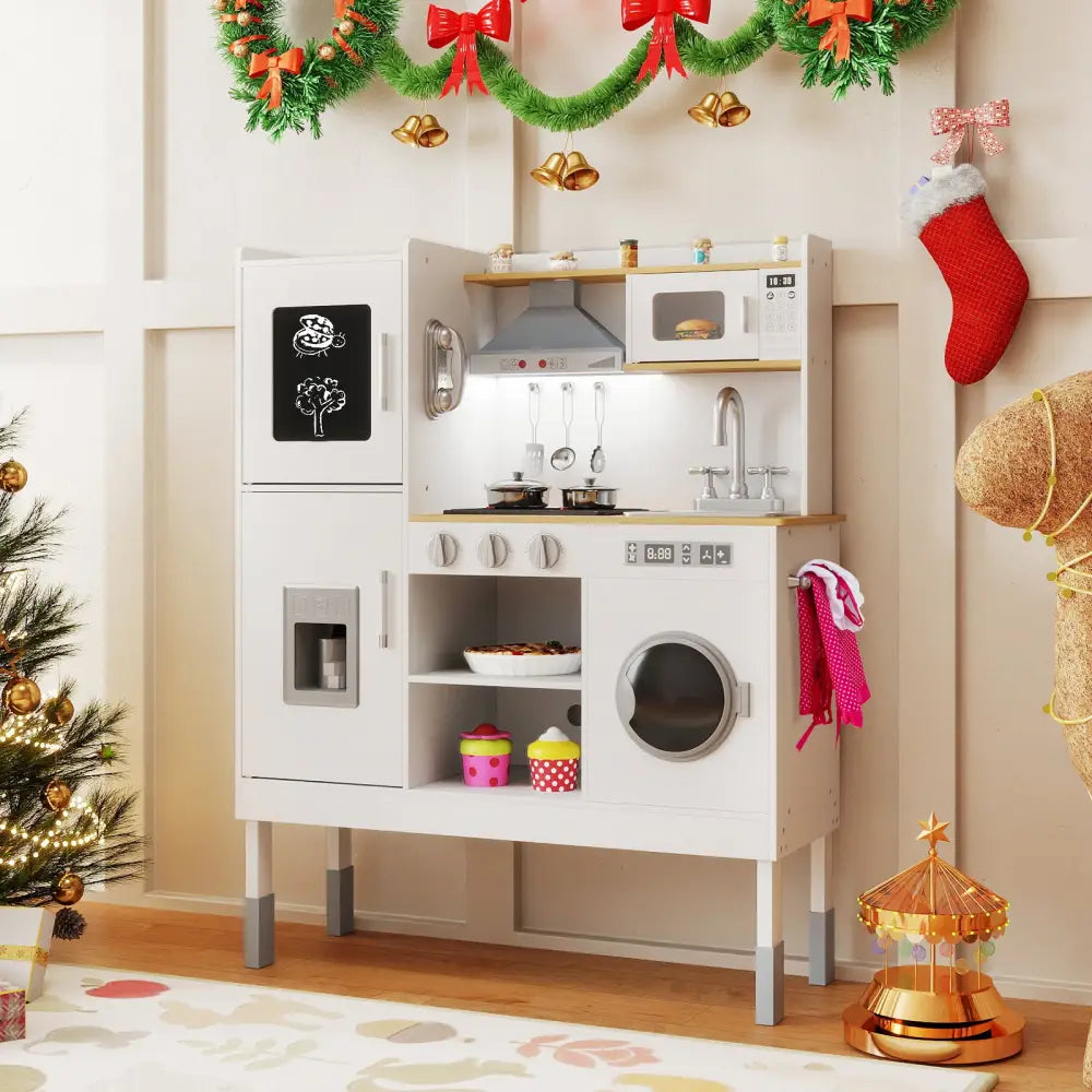 Pretend Play Kitchen Toy Kitchen Playset with Range Hood Ice Maker and Telephone-White - White - Play Kitchen Sets