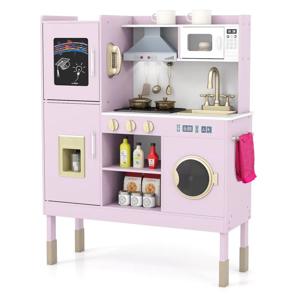 Pretend Play Kitchen Toy Kitchen Playset with Range Hood Ice Maker and Telephone-Light Pink - Light Pink - Play Kitchen