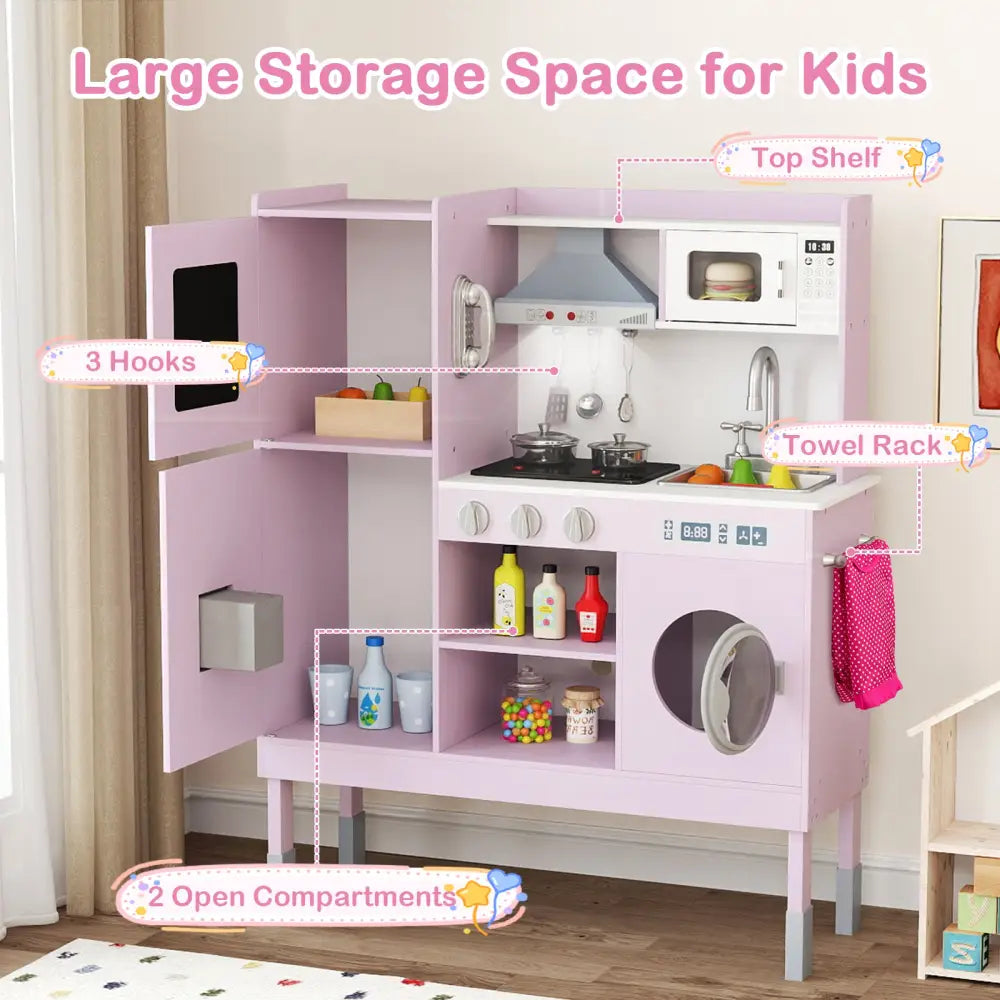 Pretend Play Kitchen Toy Kitchen Playset with Range Hood Ice Maker and Telephone-Pink - Pink - Play Kitchen Sets