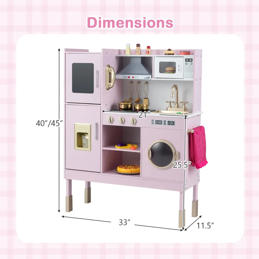 Pretend Play Kitchen Toy Kitchen Playset with Range Hood Ice Maker and Telephone-Light Pink - Light Pink - Play Kitchen