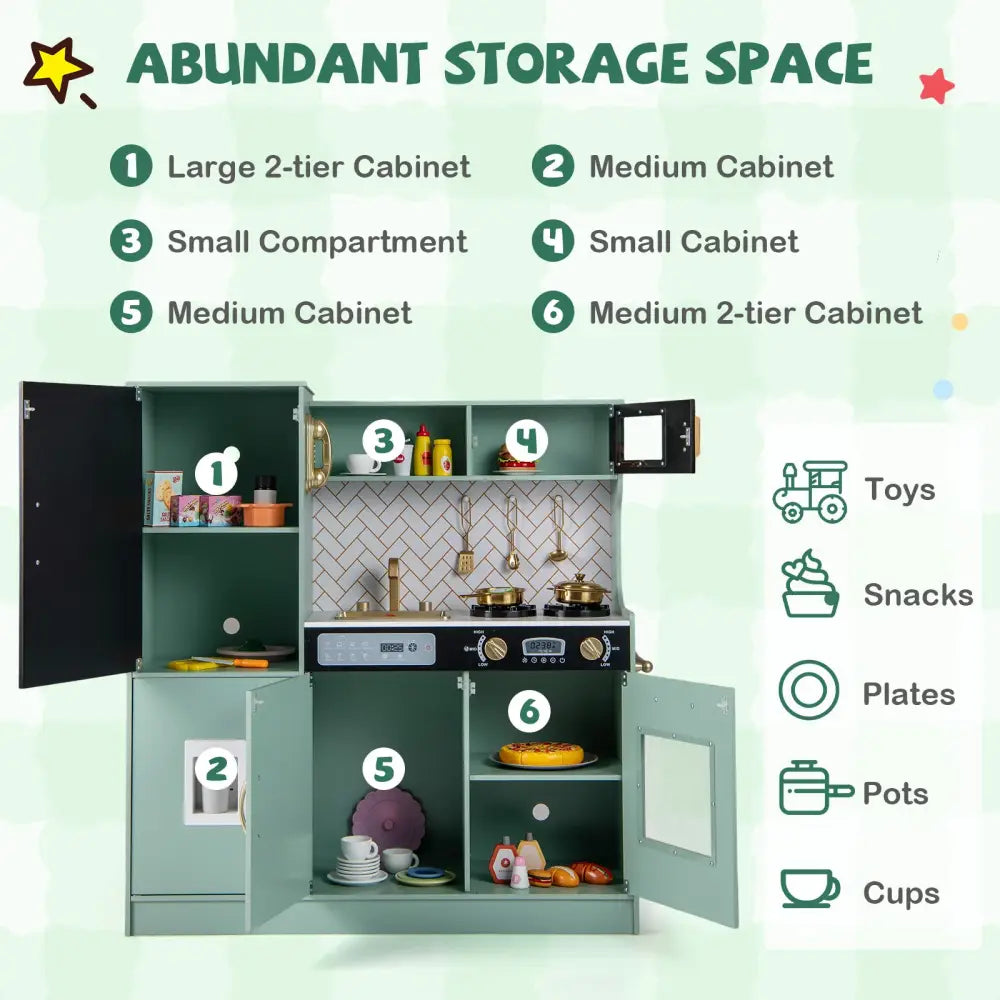 Pretend Play Kitchen with Utensils for Kids Aged 3+-Green - Green - Play Kitchen Sets