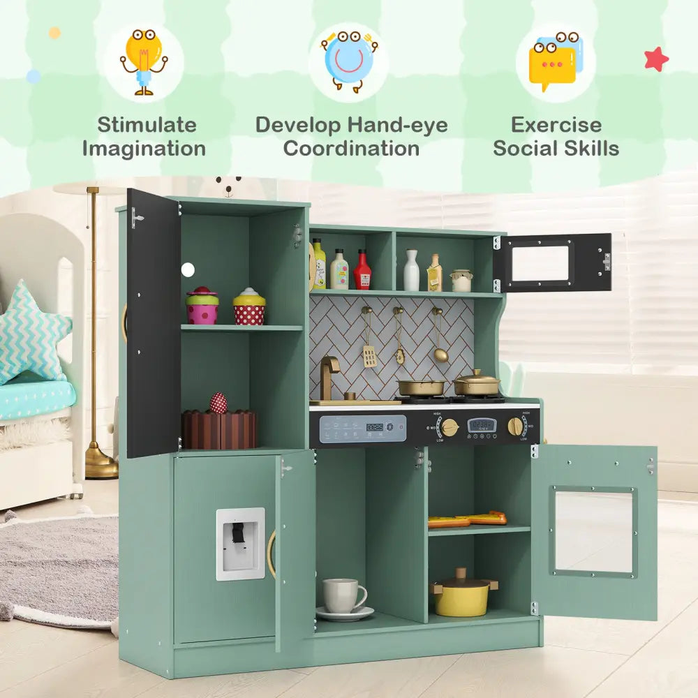 Pretend Play Kitchen with Utensils for Kids Aged 3+-Green - Green - Play Kitchen Sets
