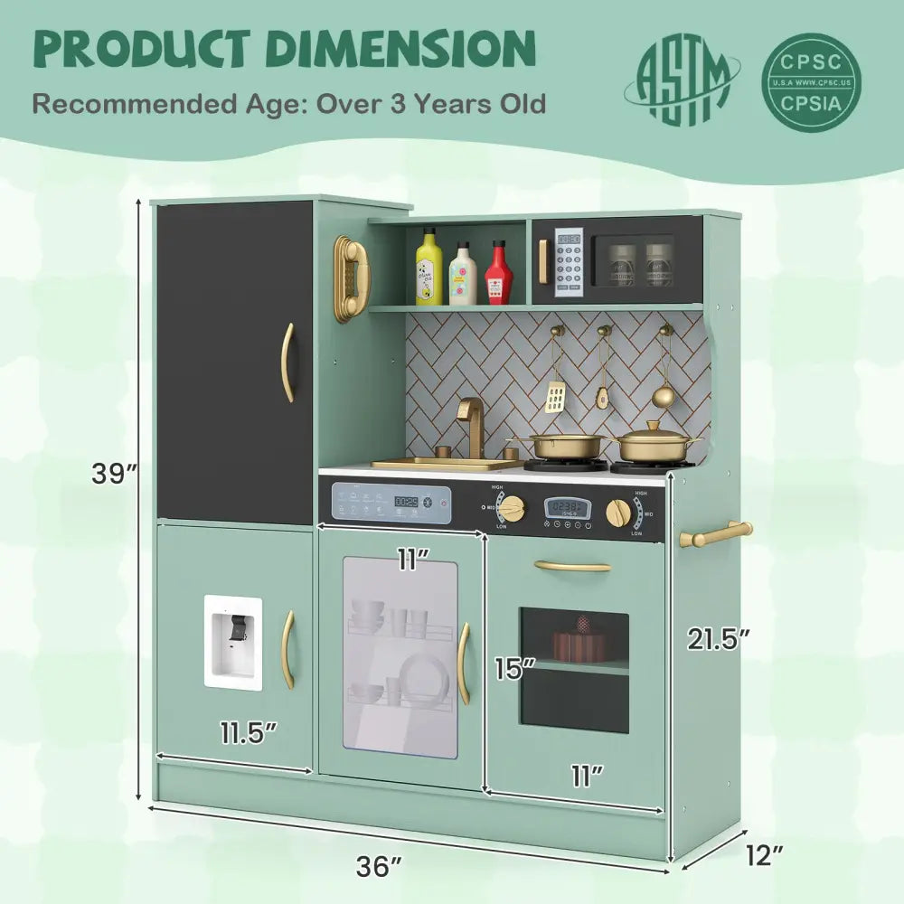 Pretend Play Kitchen with Utensils for Kids Aged 3+-Green - Green - Play Kitchen Sets
