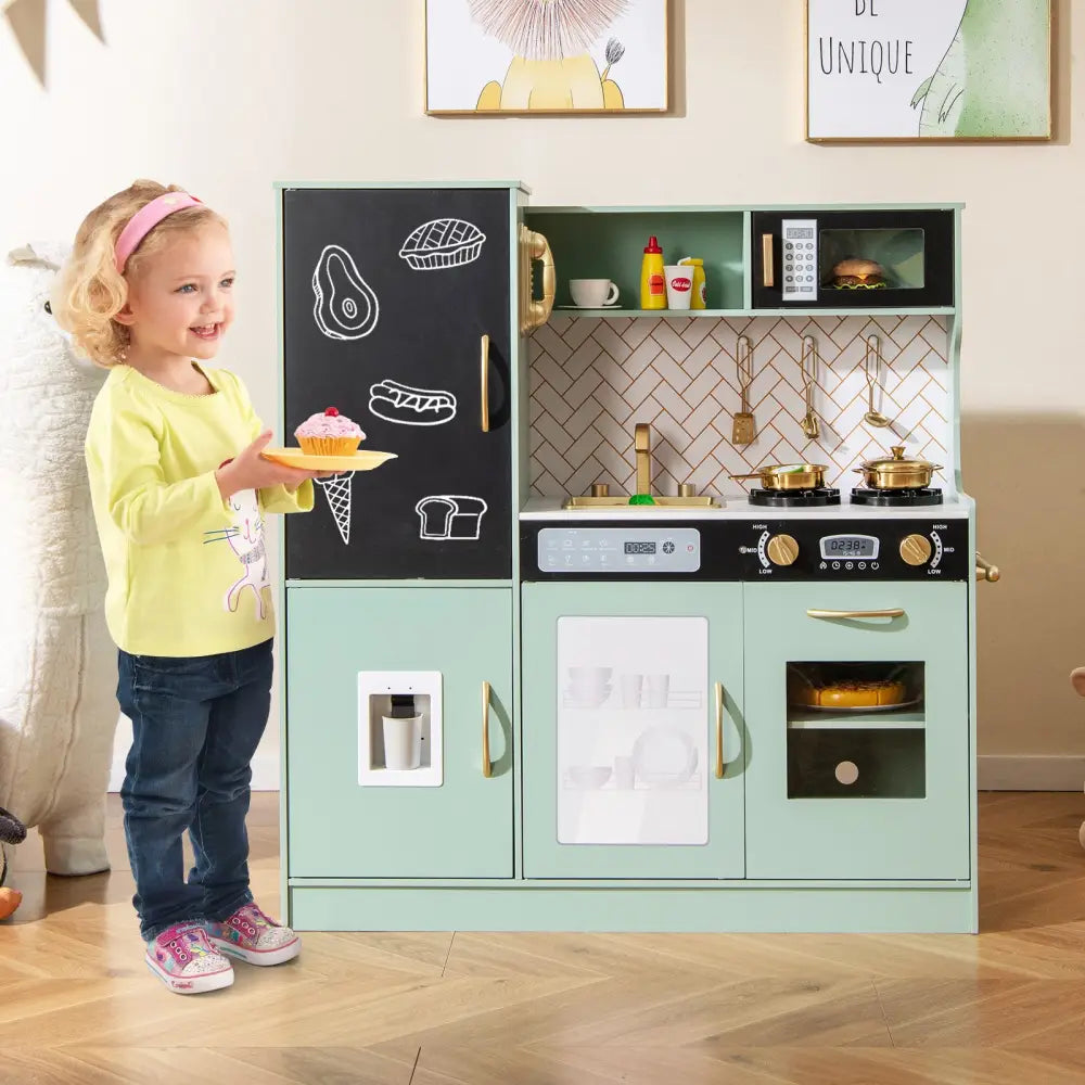 Pretend Play Kitchen with Utensils for Kids Aged 3+-Green - Green - Play Kitchen Sets