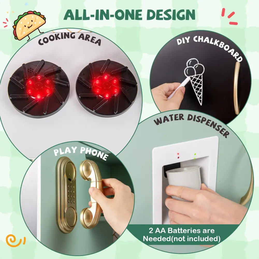 Pretend Play Kitchen with Utensils for Kids Aged 3+-Green - Green - Play Kitchen Sets