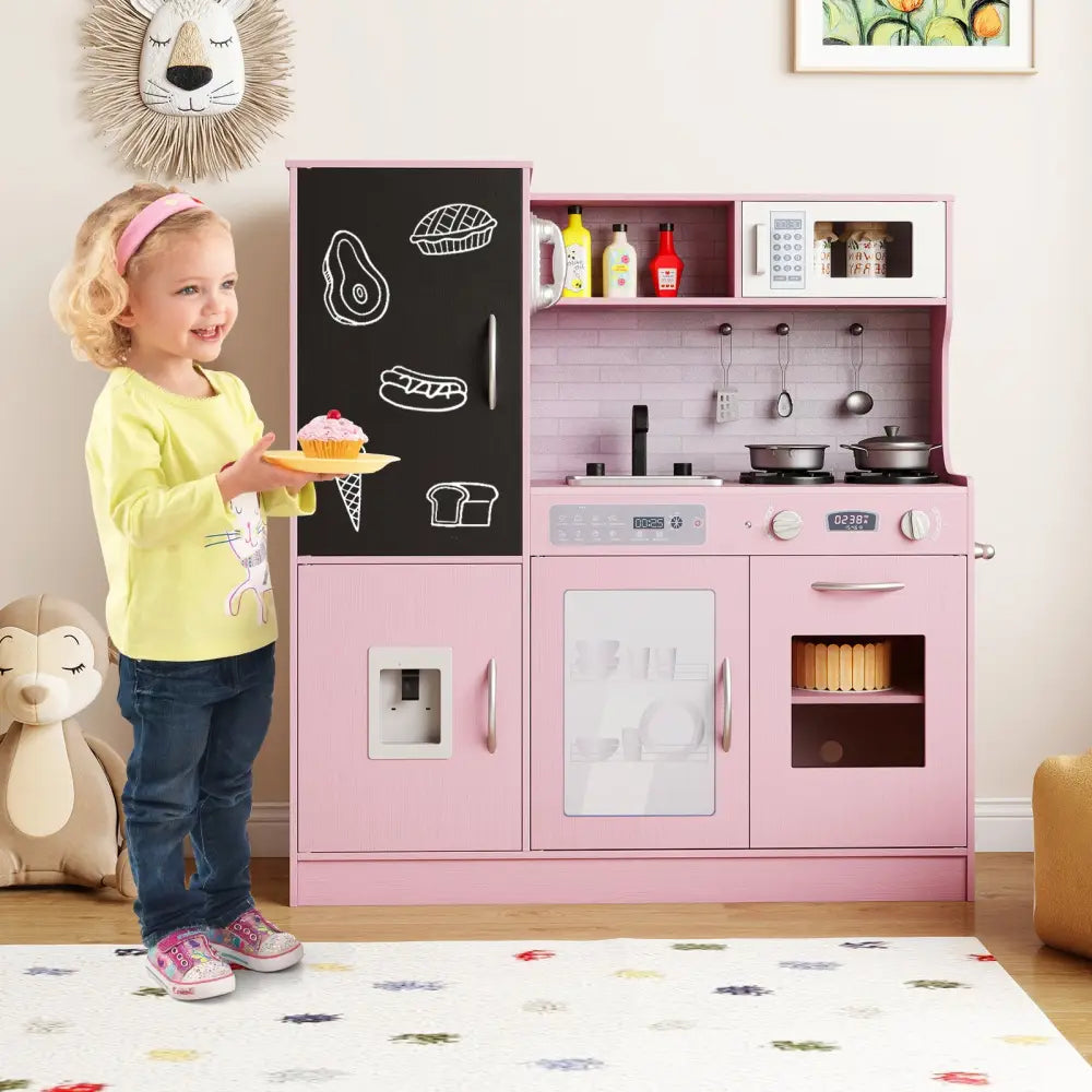 Pretend Play Kitchen with Utensils for Kids Aged 3+-Pink - Pink - Play Kitchen Sets