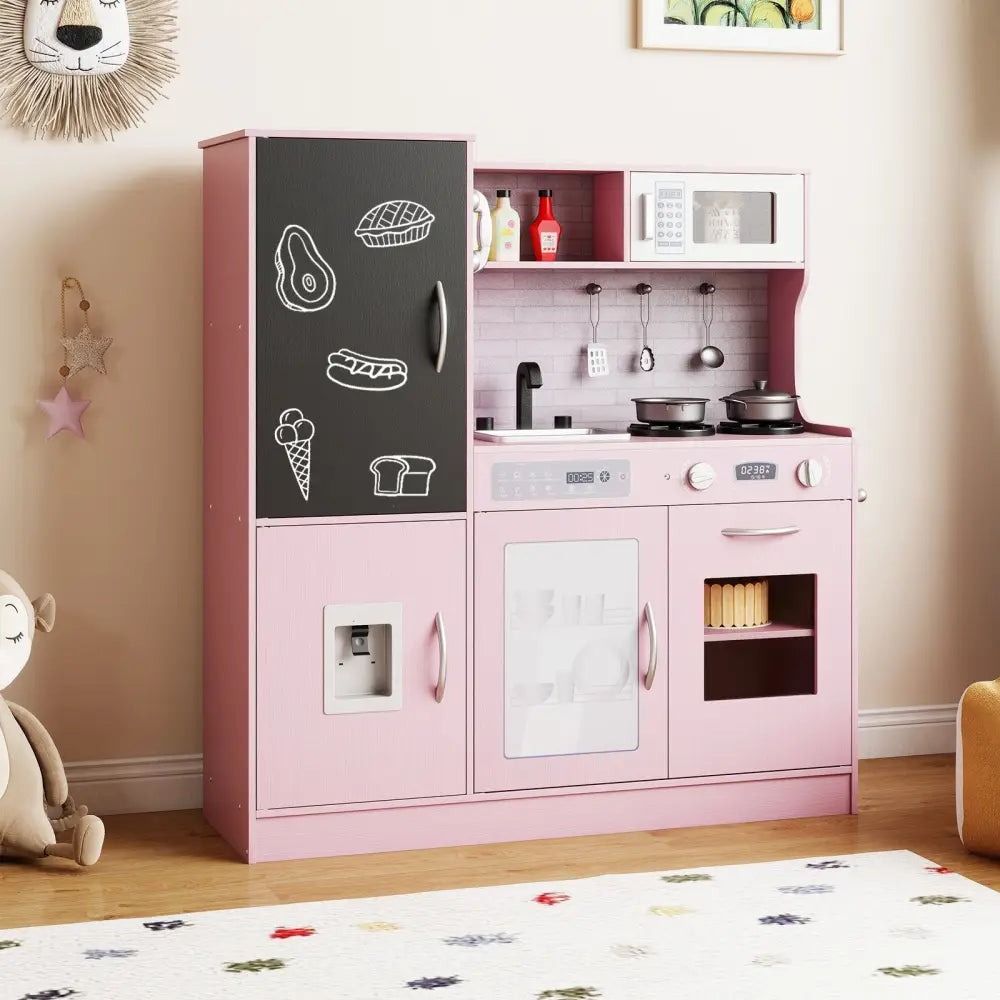 Pretend Play Kitchen with Utensils for Kids Aged 3+-Pink - Pink - Play Kitchen Sets