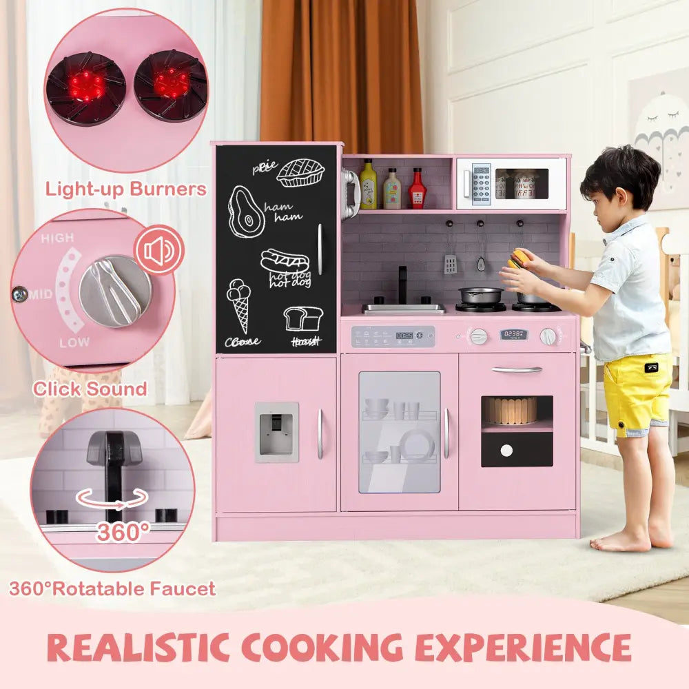 Pretend Play Kitchen with Utensils for Kids Aged 3+-Pink - Pink - Play Kitchen Sets