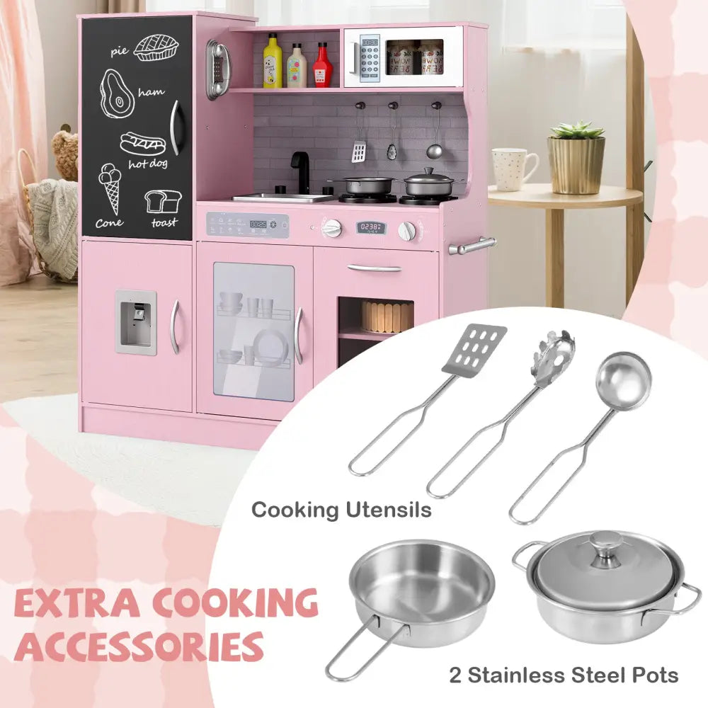 Pretend Play Kitchen with Utensils for Kids Aged 3+-Pink - Pink - Play Kitchen Sets