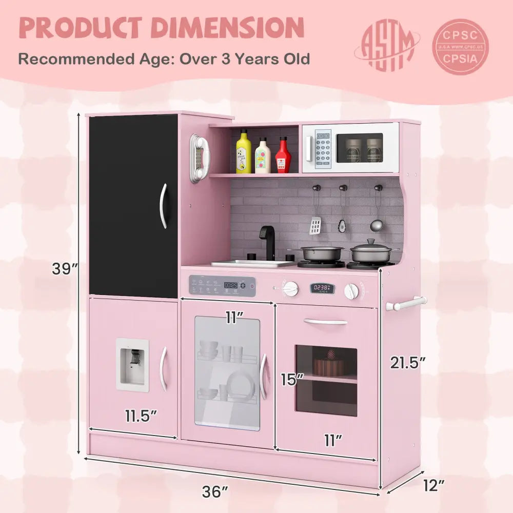 Pretend Play Kitchen with Utensils for Kids Aged 3+-Pink - Pink - Play Kitchen Sets