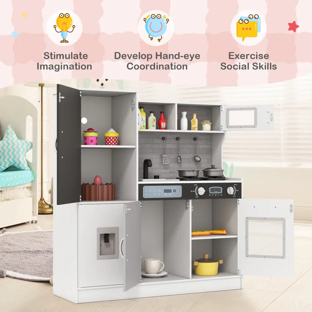 Pretend Play Kitchen with Utensils for Kids Aged 3+-Silver - Silver - Play Kitchen Sets