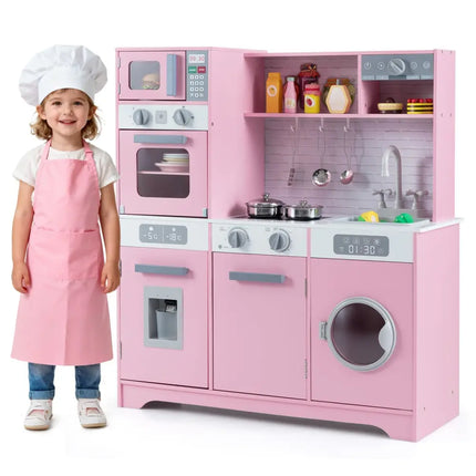 Pretend Play Kitchen Wooden Toy Set Kitchen Accessory Playset with Real Lights Sounds - Pink - Oasis Home Essentials