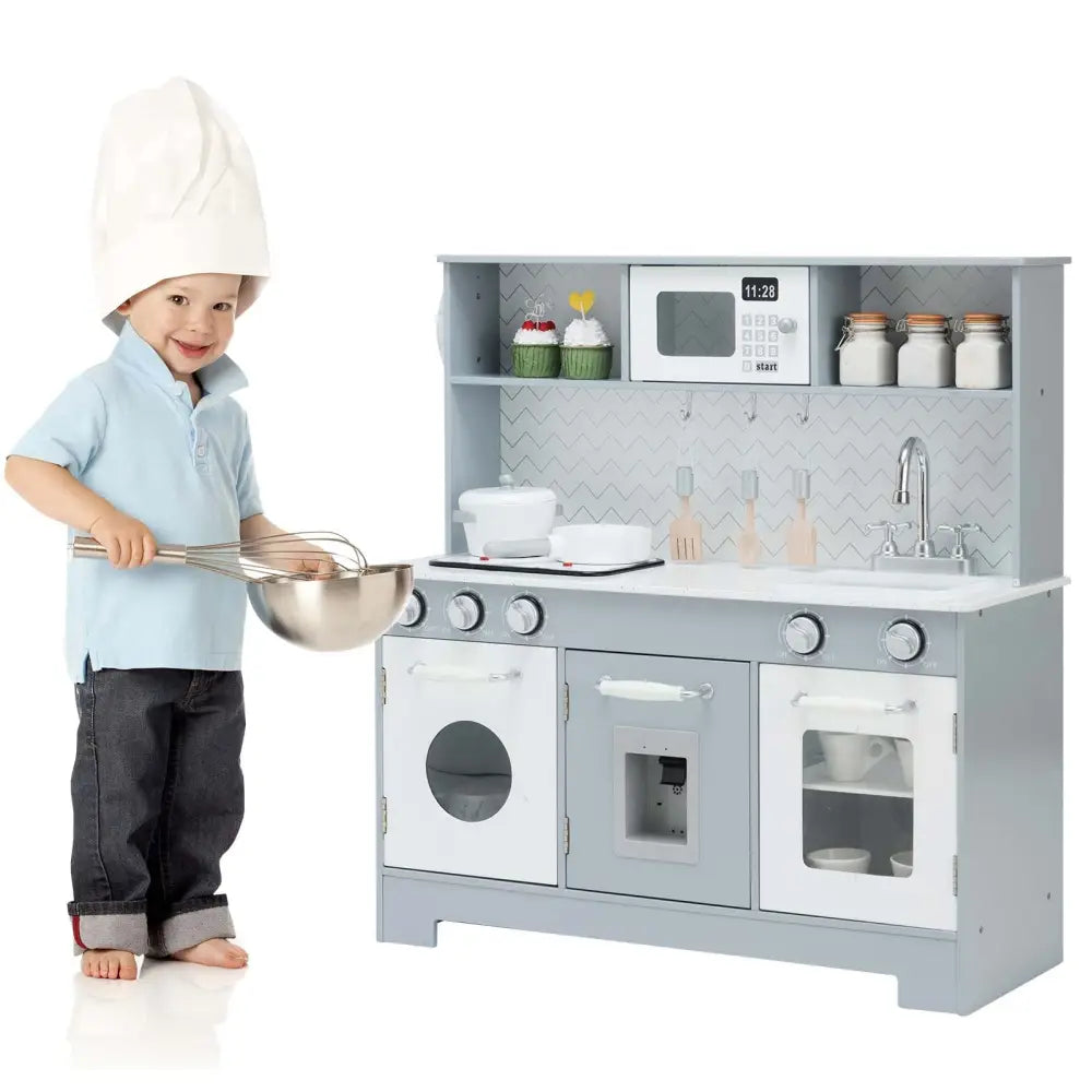 Pretend Play Kitchen Wooden Toy Set for Kids with Realistic Light and Sound - Gray & White - Play Kitchen Sets