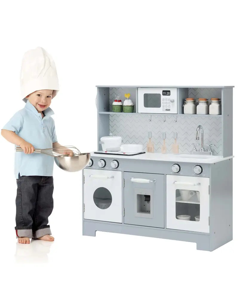Pretend Play Kitchen Wooden Toy Set for Kids with Realistic Light and Sound - Gray & White - Play Kitchen Sets