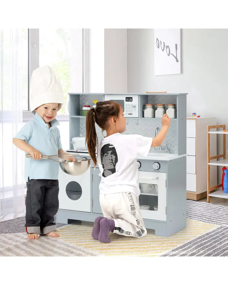 Pretend Play Kitchen Wooden Toy Set for Kids with Realistic Light and Sound - Gray & White - Play Kitchen Sets