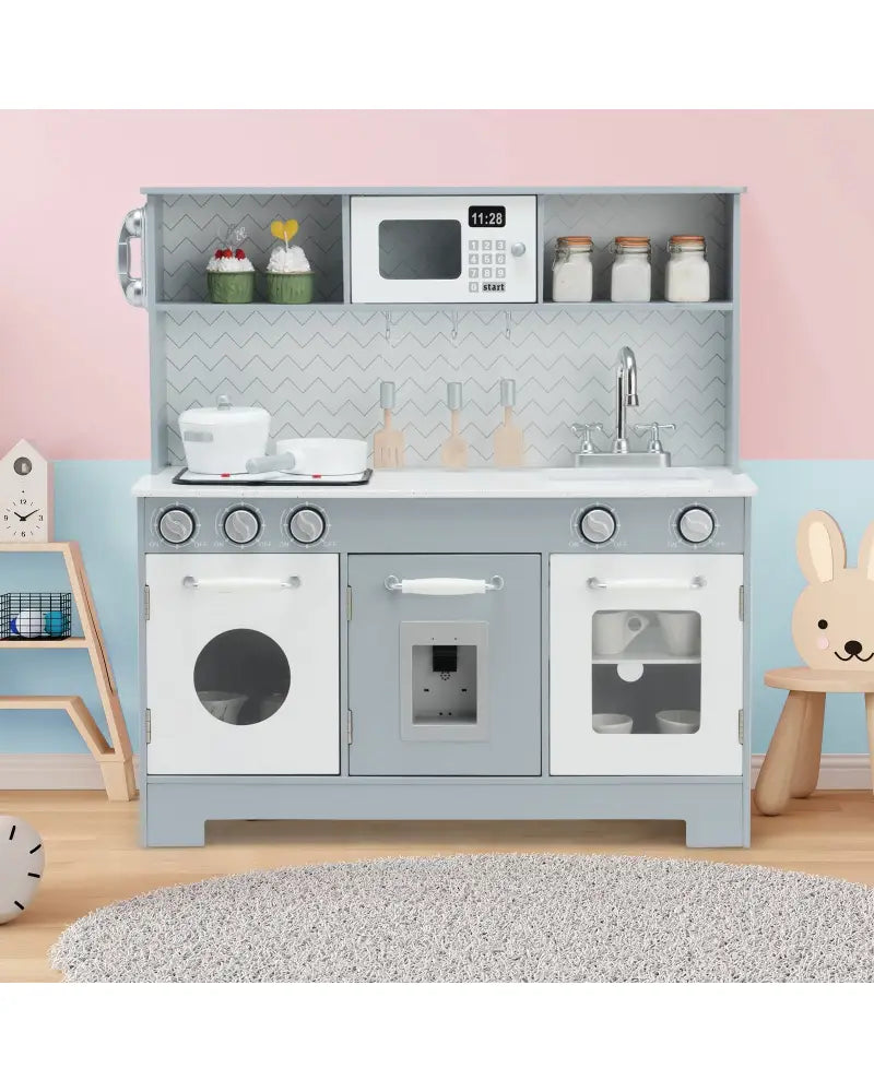 Pretend Play Kitchen Wooden Toy Set for Kids with Realistic Light and Sound - Gray & White - Play Kitchen Sets