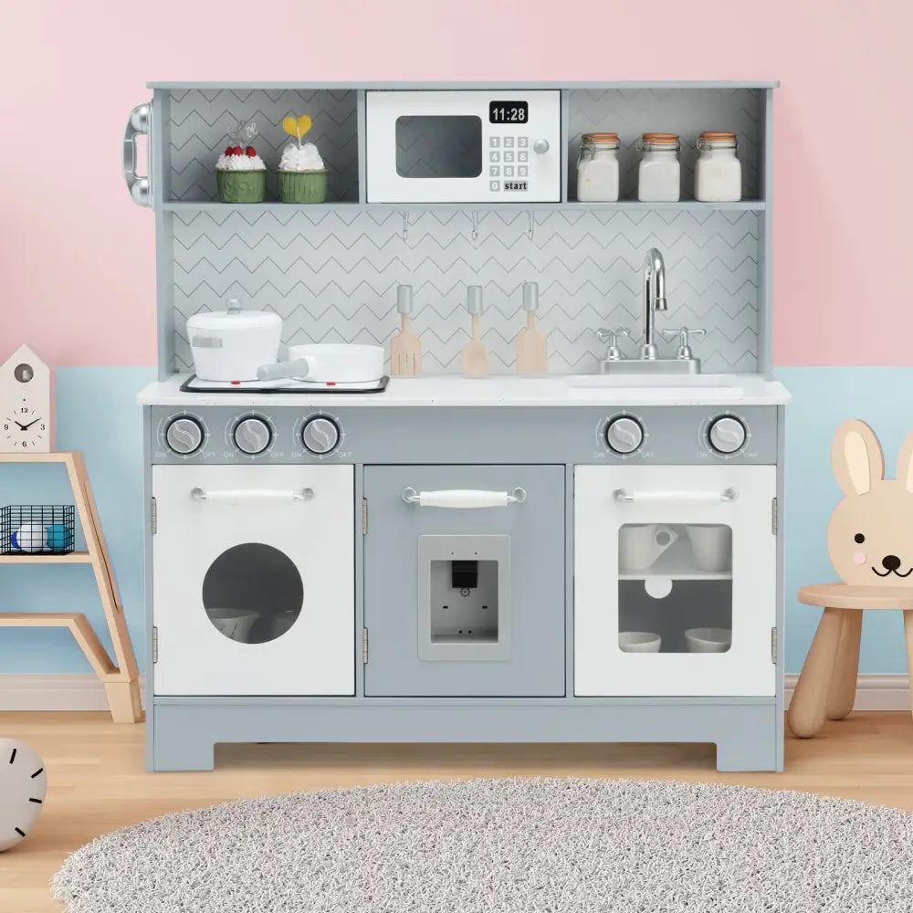 Pretend Play Kitchen Wooden Toy Set for Kids with Realistic Light and Sound - Gray & White - Play Kitchen Sets