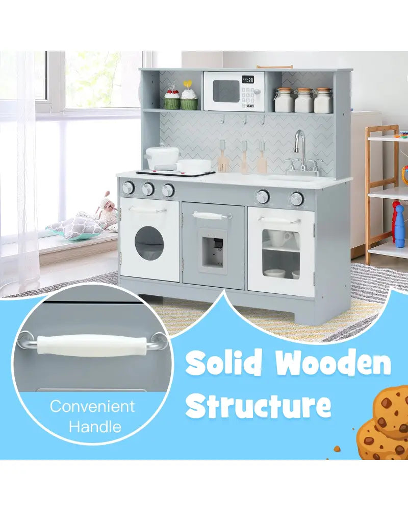 Pretend Play Kitchen Wooden Toy Set for Kids with Realistic Light and Sound - Gray & White - Play Kitchen Sets