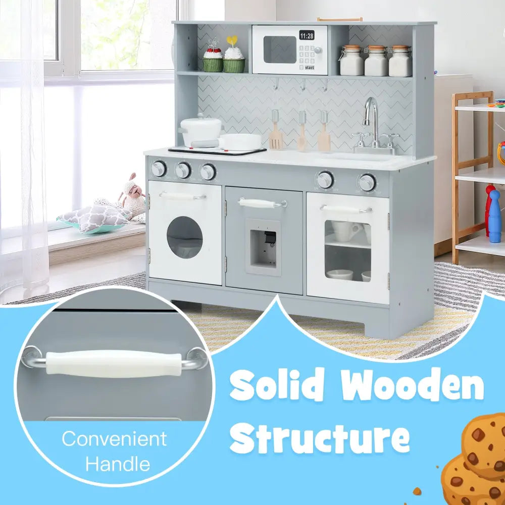 Pretend Play Kitchen Wooden Toy Set for Kids with Realistic Light and Sound - Gray & White - Play Kitchen Sets