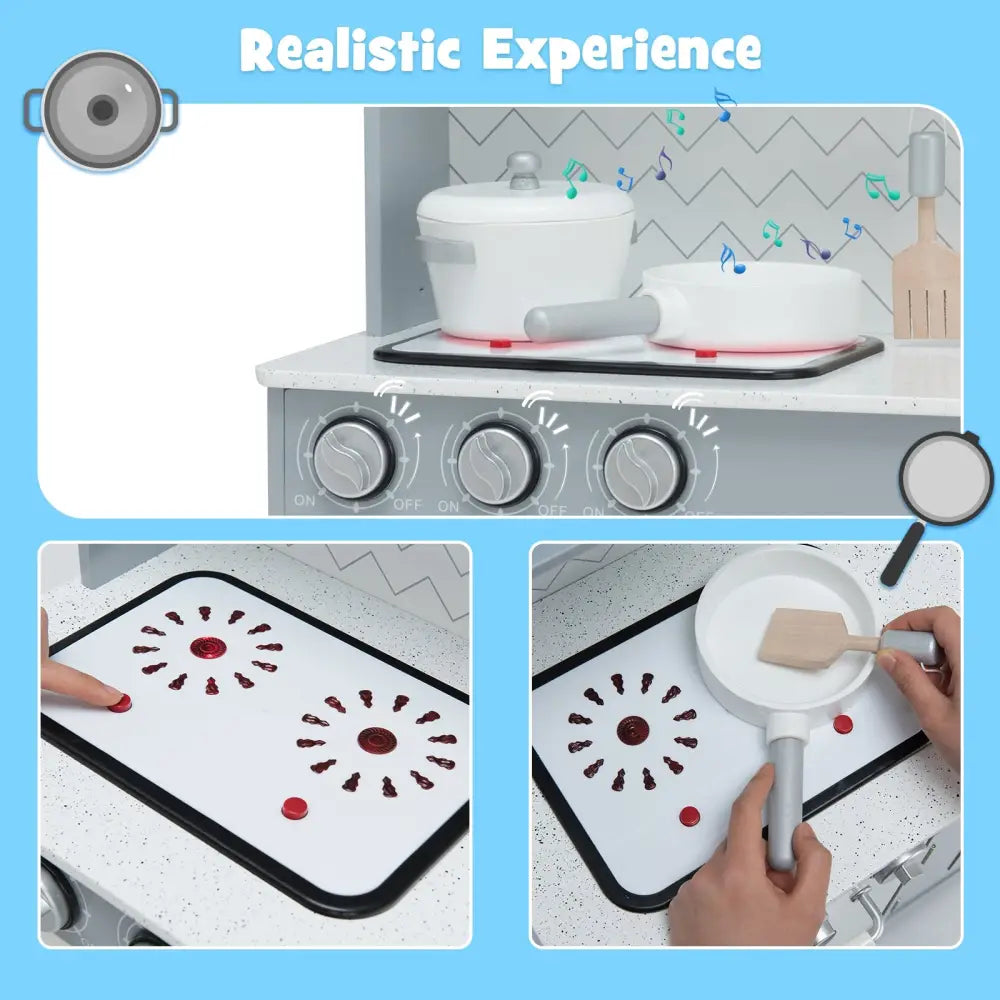 Pretend Play Kitchen Wooden Toy Set for Kids with Realistic Light and Sound - Gray & White - Play Kitchen Sets