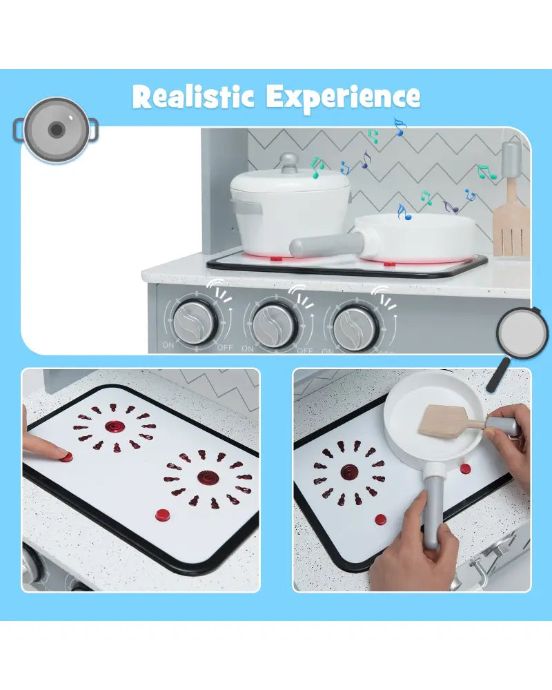 Pretend Play Kitchen Wooden Toy Set for Kids with Realistic Light and Sound - Gray & White - Play Kitchen Sets