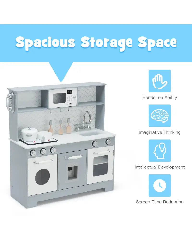 Pretend Play Kitchen Wooden Toy Set for Kids with Realistic Light and Sound - Gray & White - Play Kitchen Sets