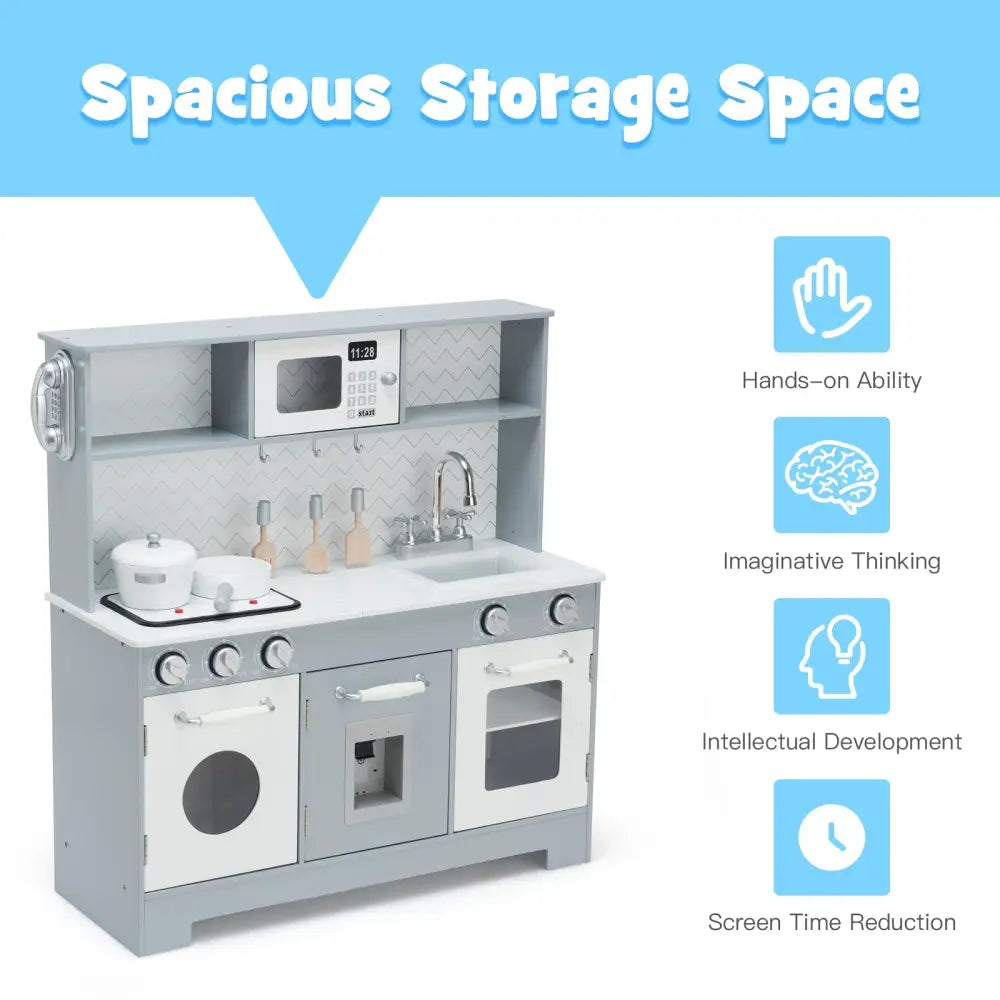 Pretend Play Kitchen Wooden Toy Set for Kids with Realistic Light and Sound - Gray & White - Play Kitchen Sets