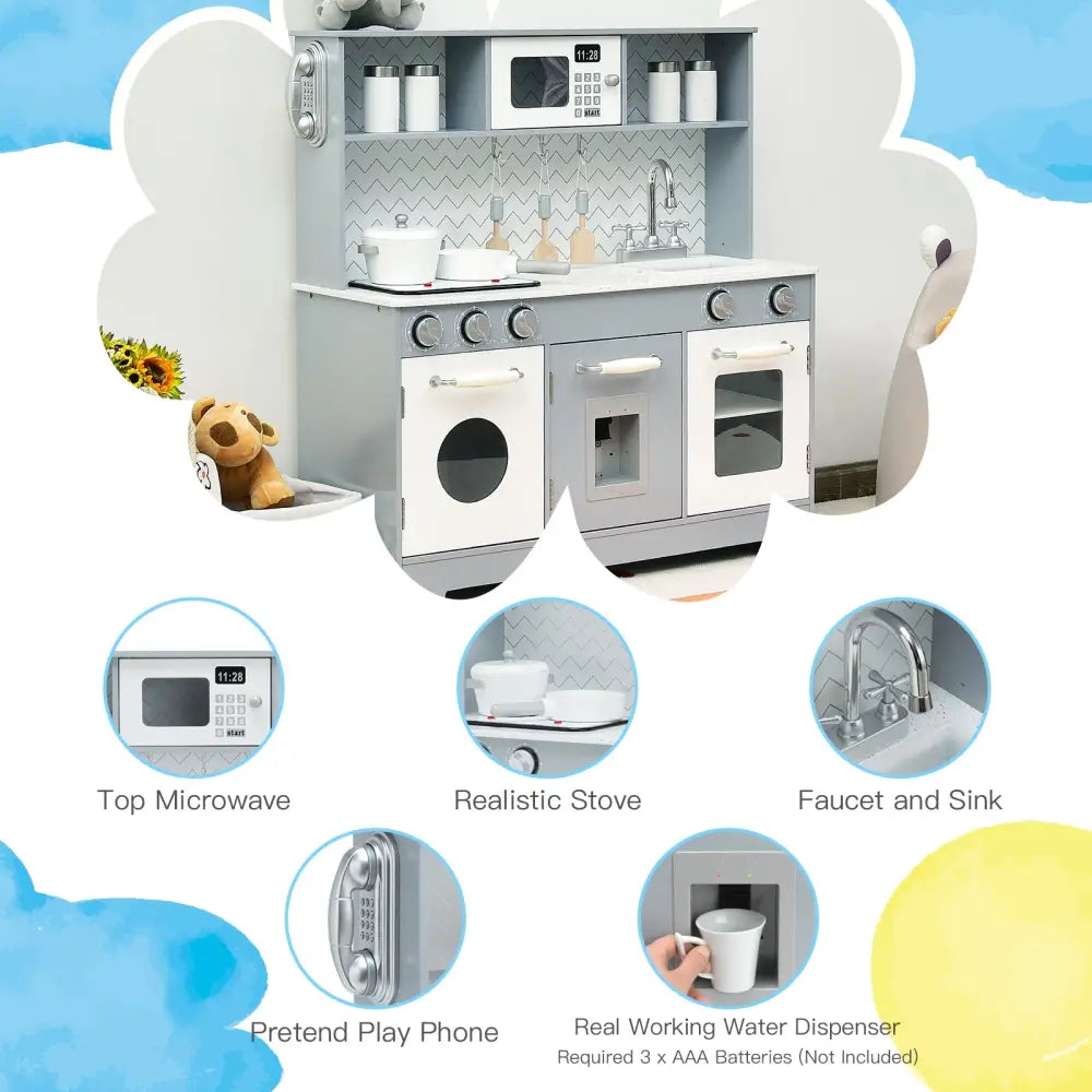 Pretend Play Kitchen Wooden Toy Set for Kids with Realistic Light and Sound - Gray & White - Play Kitchen Sets