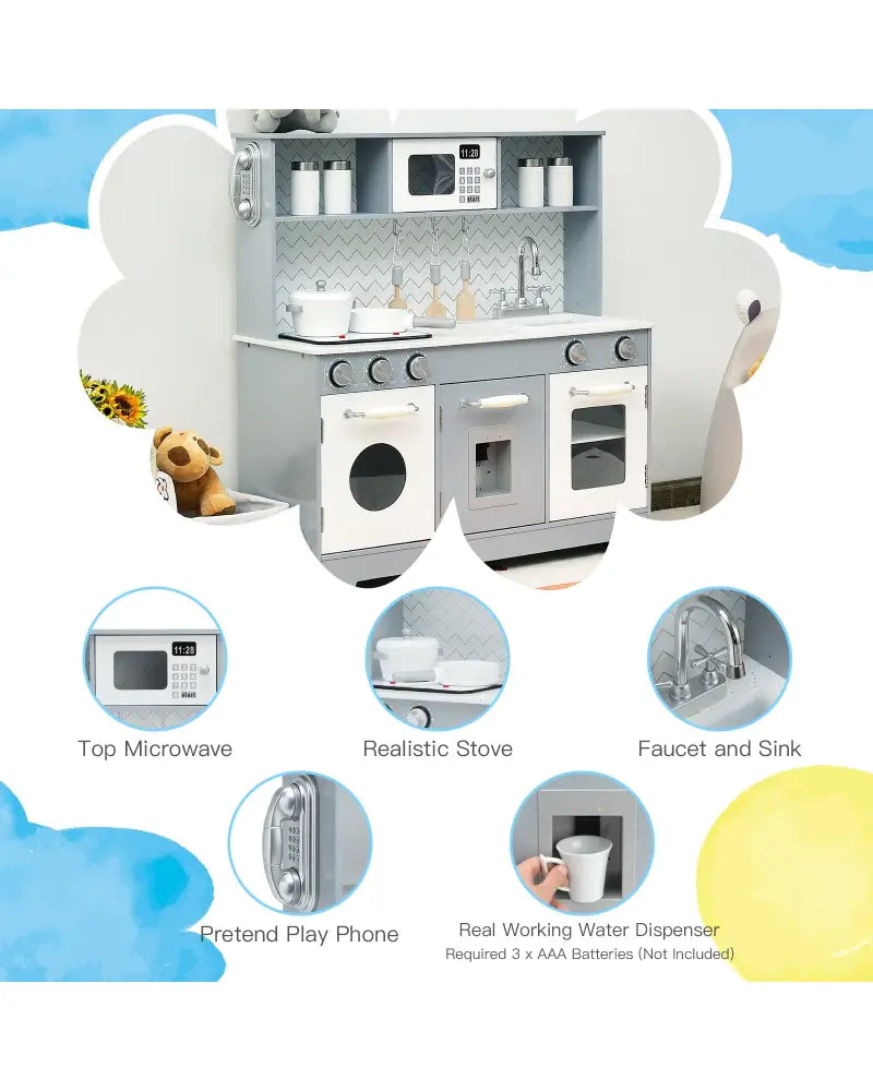 Pretend Play Kitchen Wooden Toy Set for Kids with Realistic Light and Sound - Gray & White - Play Kitchen Sets