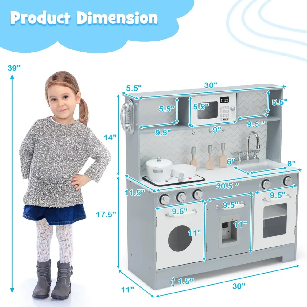 Pretend Play Kitchen Wooden Toy Set for Kids with Realistic Light and Sound - Gray & White - Play Kitchen Sets