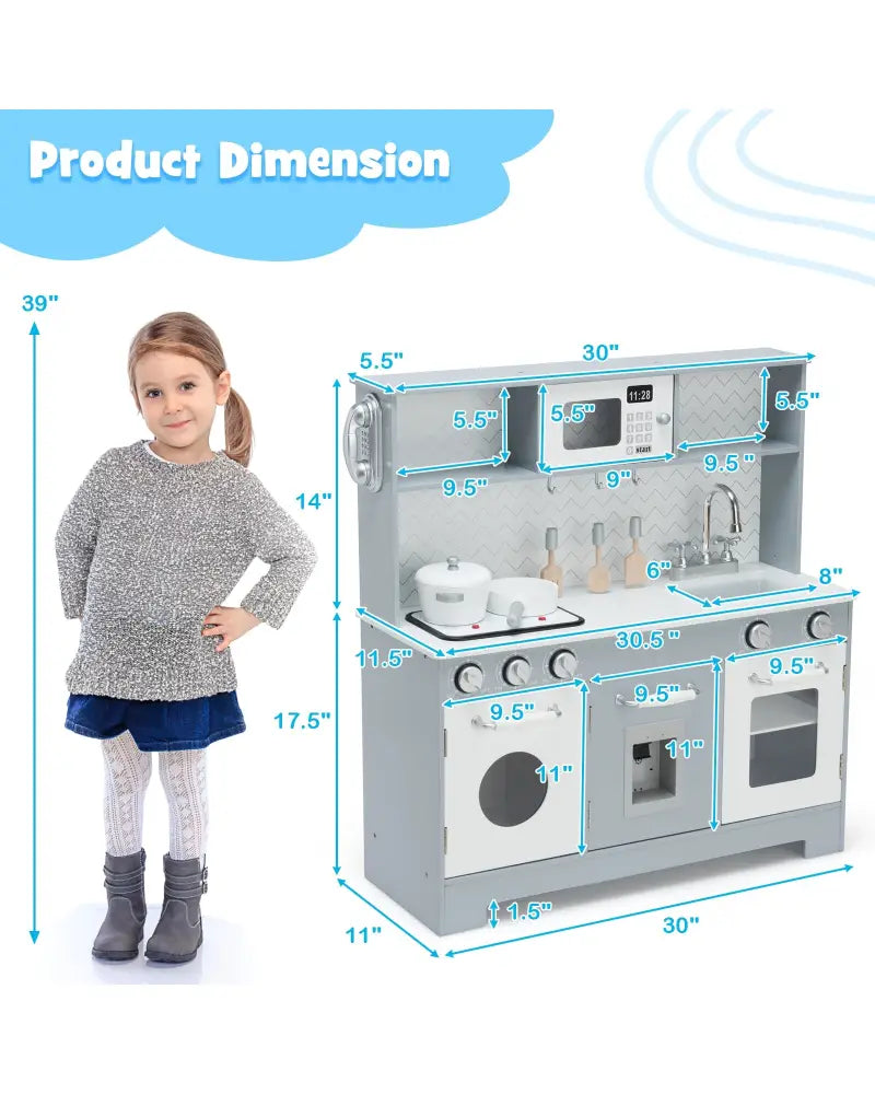 Pretend Play Kitchen Wooden Toy Set for Kids with Realistic Light and Sound - Gray & White - Play Kitchen Sets