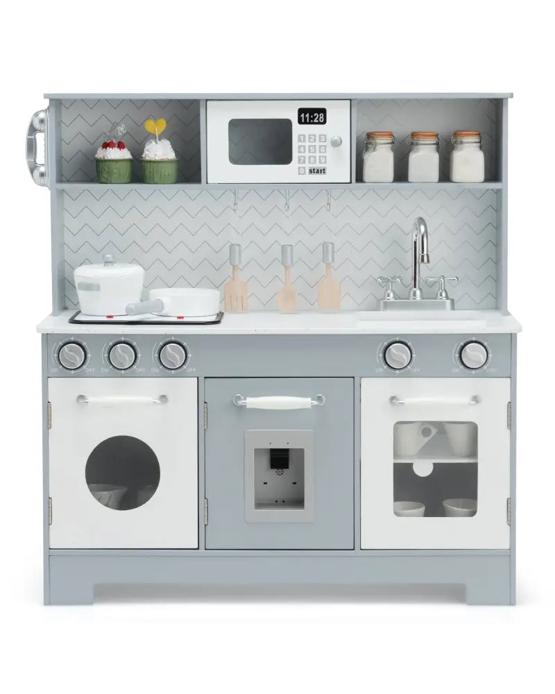 Pretend Play Kitchen Wooden Toy Set for Kids with Realistic Light and Sound - Gray & White - Play Kitchen Sets