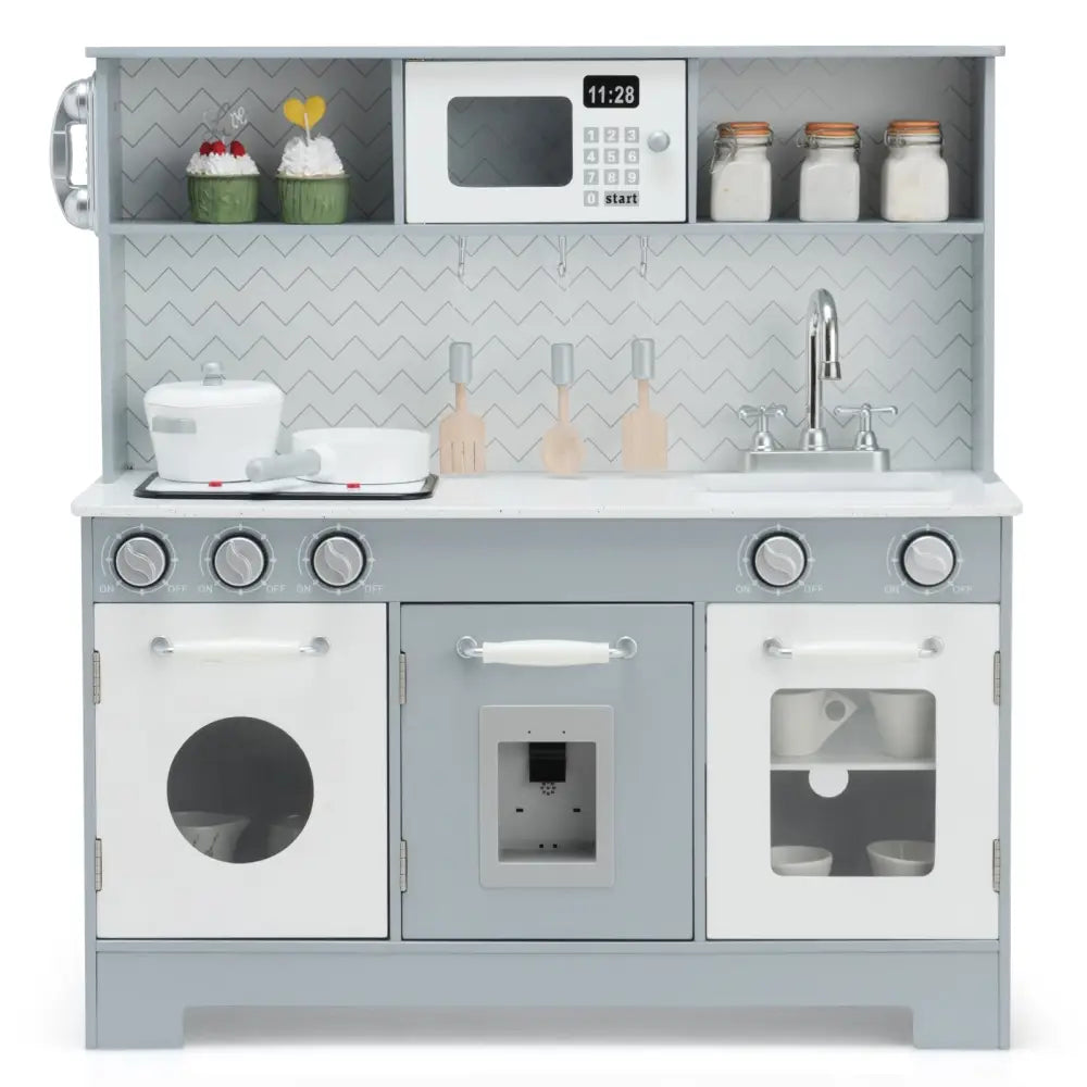 Pretend Play Kitchen Wooden Toy Set for Kids with Realistic Light and Sound - Gray & White - Play Kitchen Sets