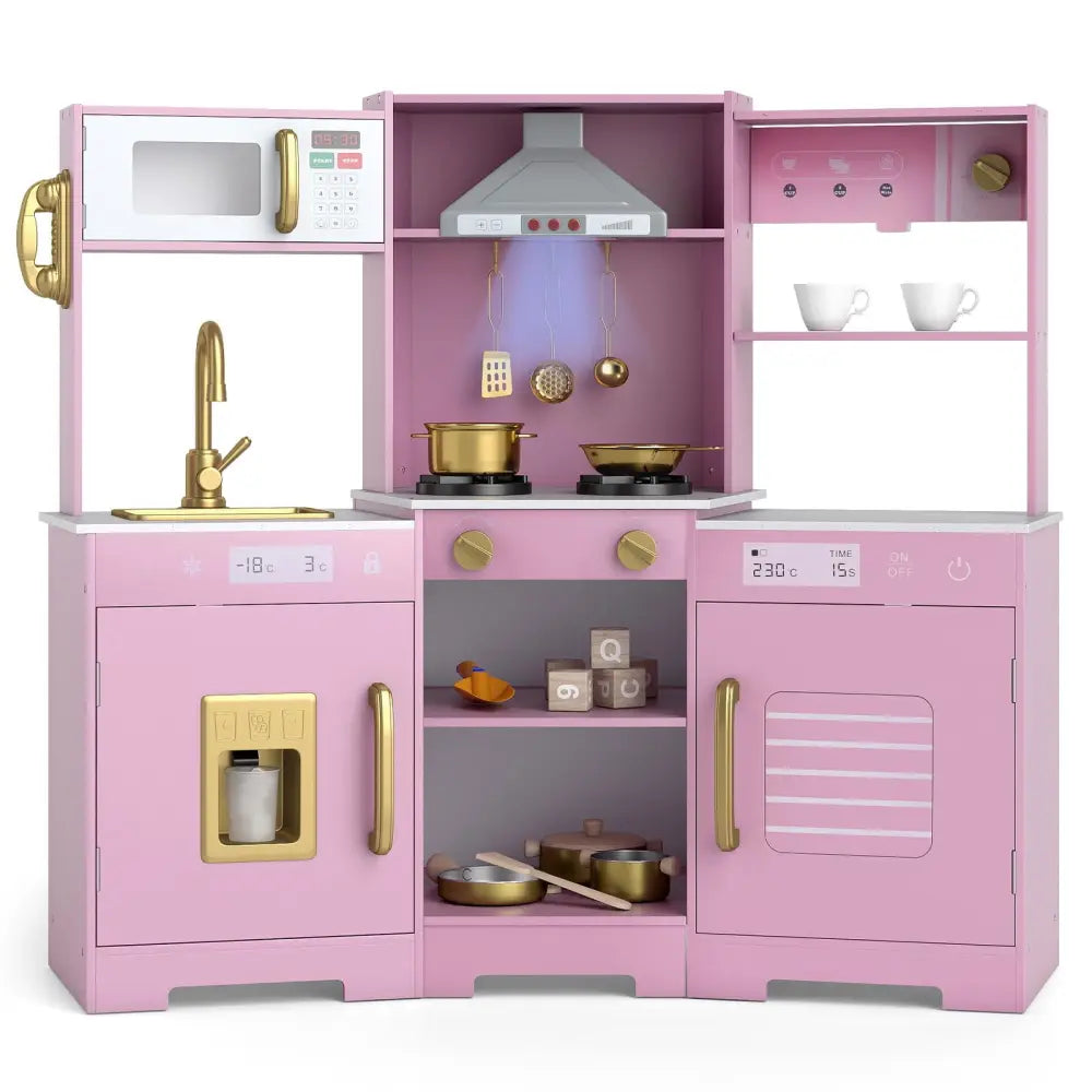 Pretend Play Kitchen Wooden Toy Set with Range Hood Real Sounds and Lights-Pink - Pink - Play Kitchen Sets