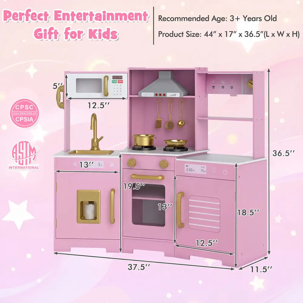 Pretend Play Kitchen Wooden Toy Set with Range Hood Real Sounds and Lights-Pink - Pink - Play Kitchen Sets