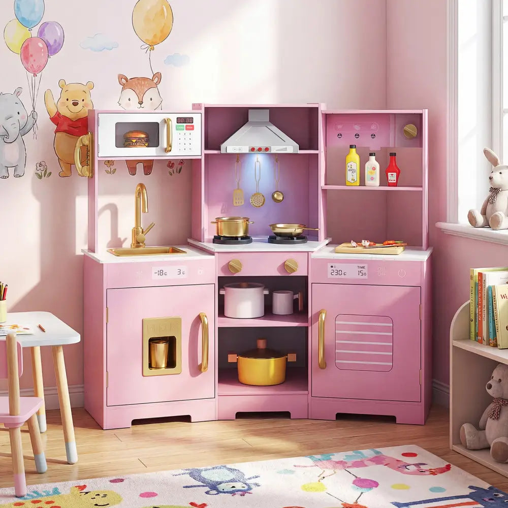 Pretend Play Kitchen Wooden Toy Set with Range Hood Real Sounds and Lights-Pink - Pink - Play Kitchen Sets
