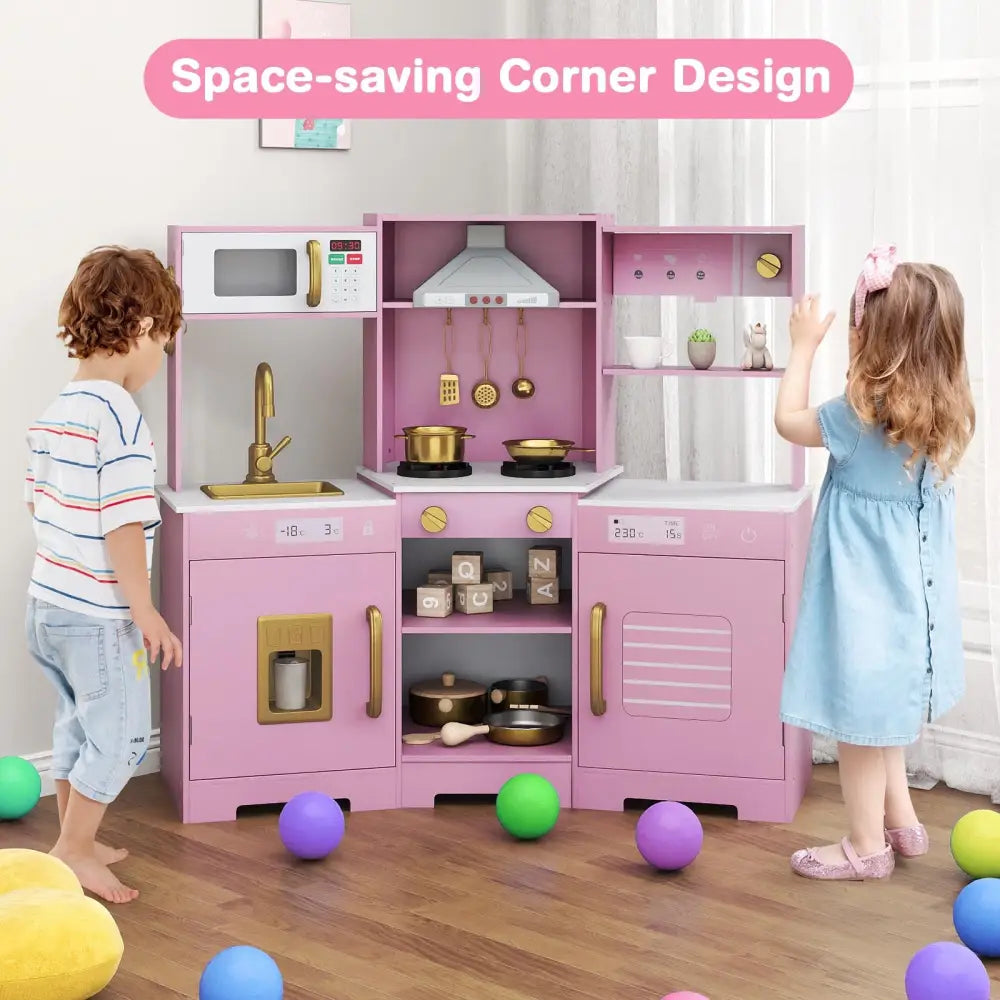 Pretend Play Kitchen Wooden Toy Set with Range Hood Real Sounds and Lights-Pink - Pink - Play Kitchen Sets