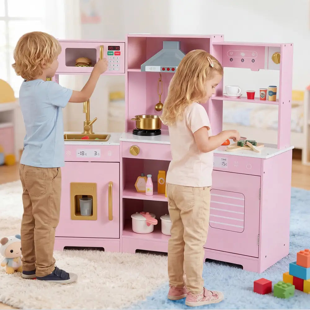 Pretend Play Kitchen Wooden Toy Set with Range Hood Real Sounds and Lights-Pink - Pink - Play Kitchen Sets
