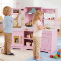 Pretend Play Kitchen Wooden Toy Set with Range Hood Real Sounds and Lights-Pink - Pink - Play Kitchen Sets
