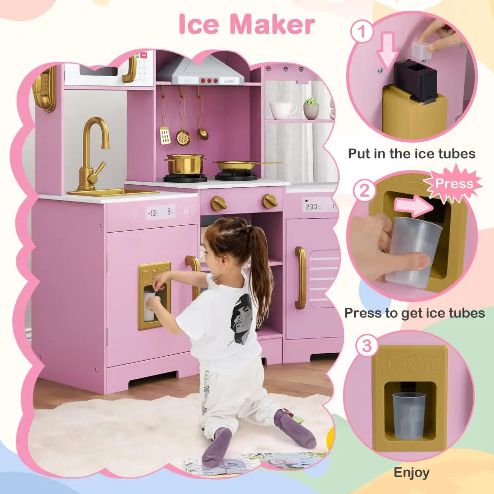 Pretend Play Kitchen Wooden Toy Set with Range Hood Real Sounds and Lights-Pink - Pink - Play Kitchen Sets