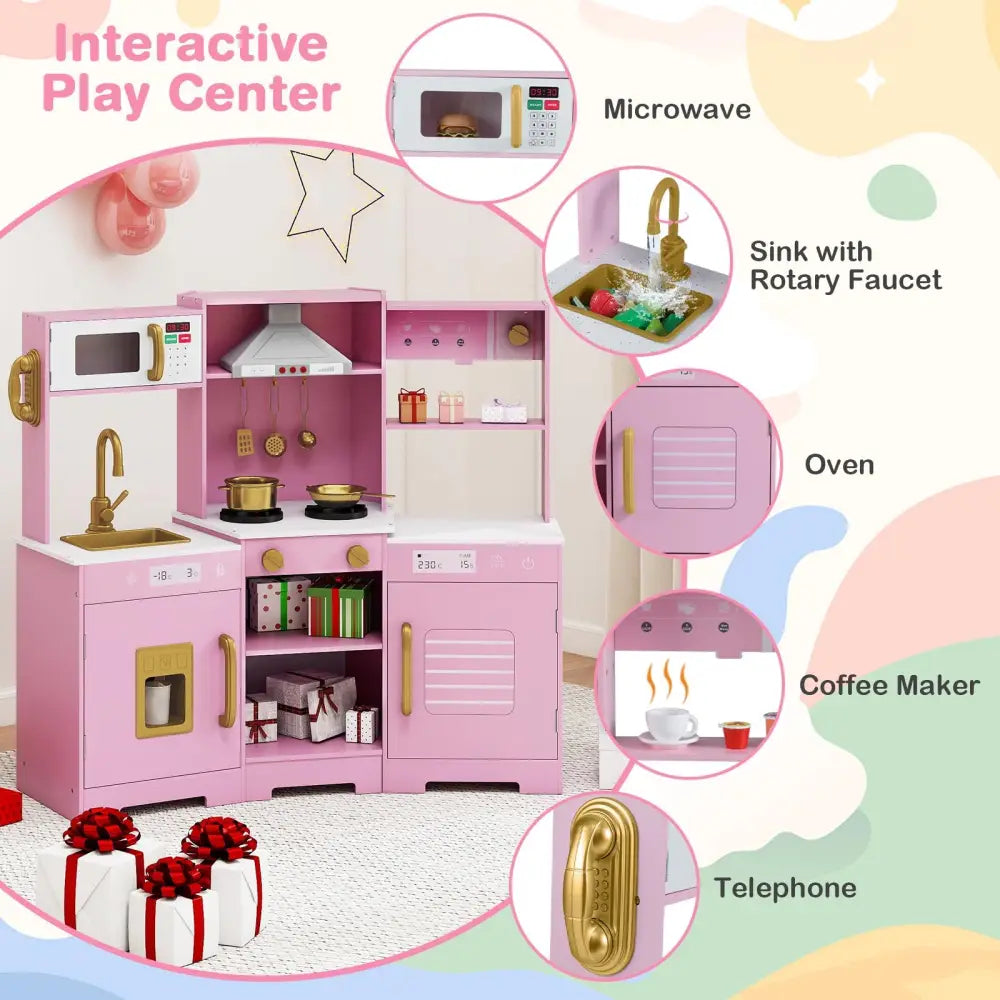 Pretend Play Kitchen Wooden Toy Set with Range Hood Real Sounds and Lights-Pink - Pink - Play Kitchen Sets