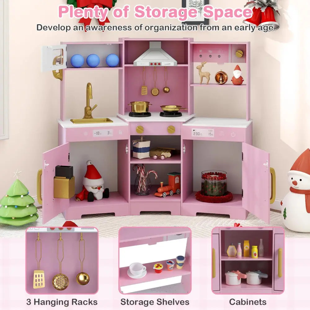 Pretend Play Kitchen Wooden Toy Set with Range Hood Real Sounds and Lights-Pink - Pink - Play Kitchen Sets