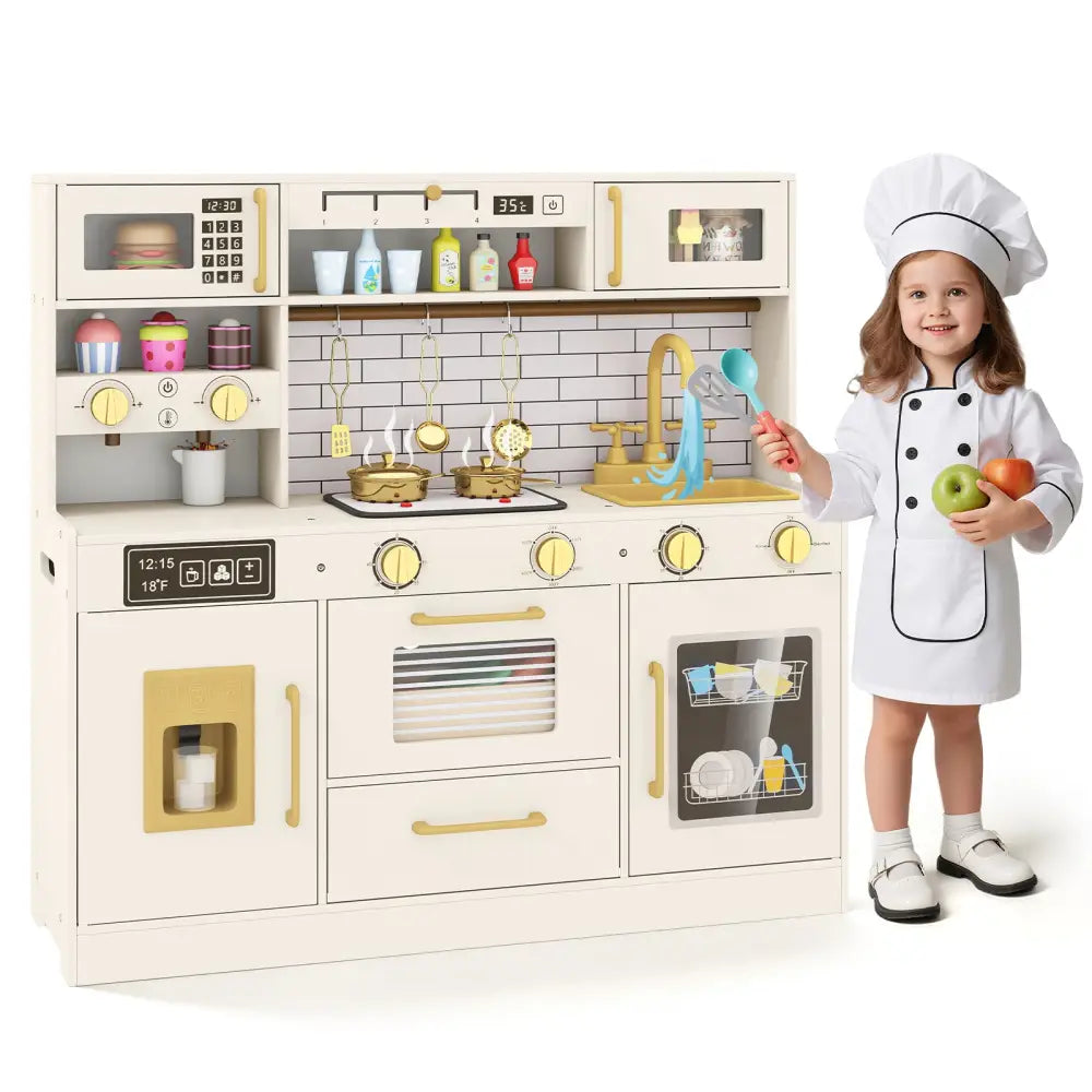 Pretend Toy Kitchen Set with Stoves and Water Dispenser-Beige - Beige - Play Kitchen Sets