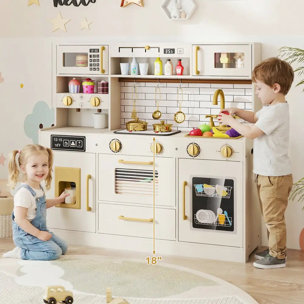 Pretend Toy Kitchen Set with Stoves and Water Dispenser-Beige - Beige - Play Kitchen Sets